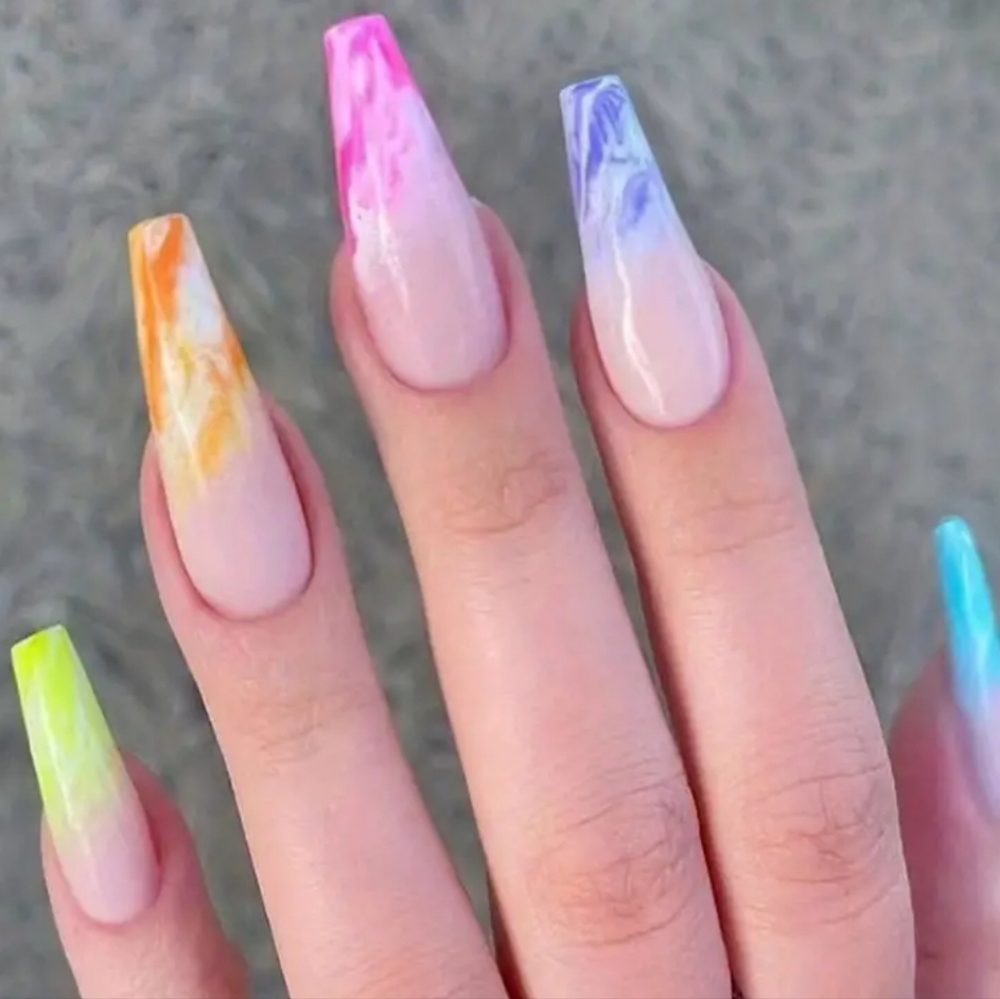 24pcs Glossy Rainbow French Tip Press On Nails - Long Ballerina Fake Nails
